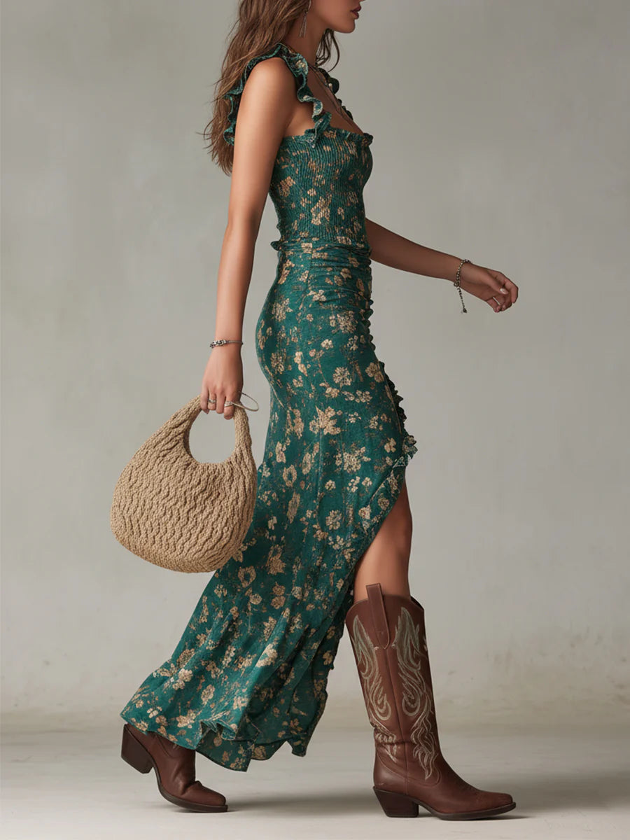 Slevie Green Printed Maxi Dress with Ruffled Sleeves