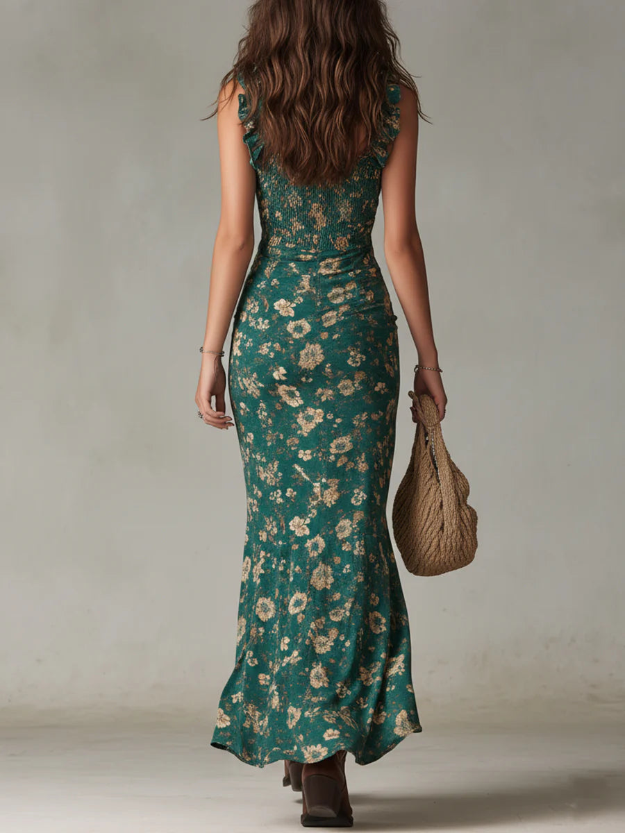 Slevie Green Printed Maxi Dress with Ruffled Sleeves