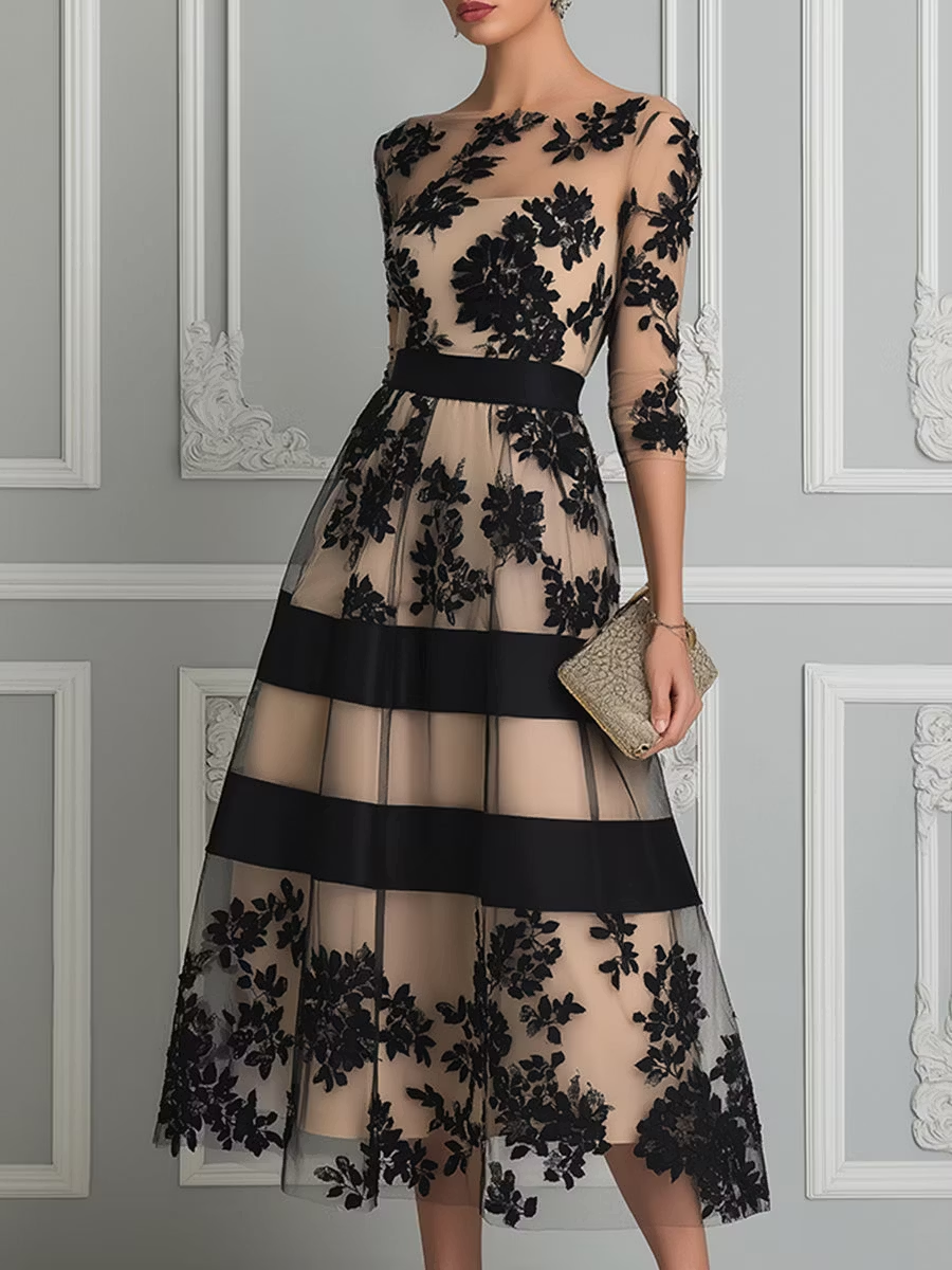 Imogen black floral lace midi A-line dress with boat neckline