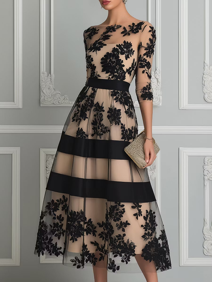 Imogen black floral lace midi A-line dress with boat neckline