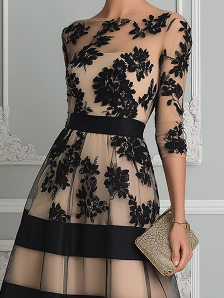 Imogen black lace midi dress with three-quarter sleeves, wedding guest outfit