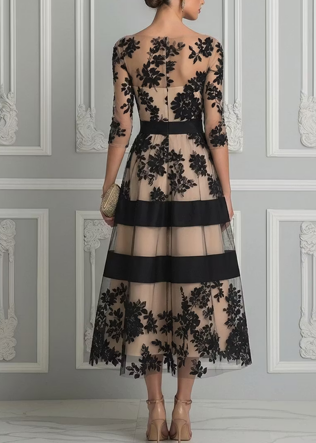 Imogen elegant black lace A-line midi dress by Owen London
