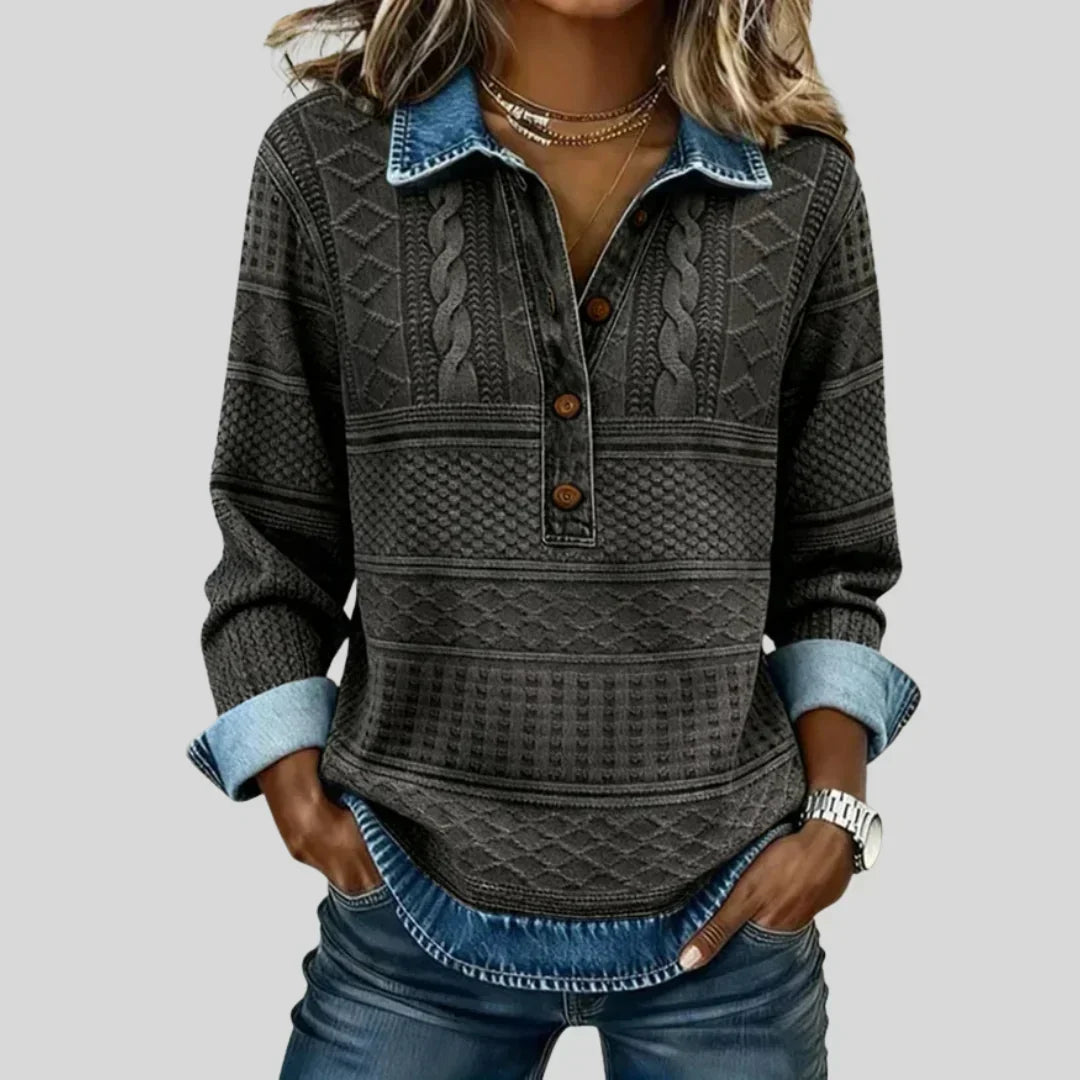 Azalea vintage cable knit collared jumper, close-up of collar and buttons