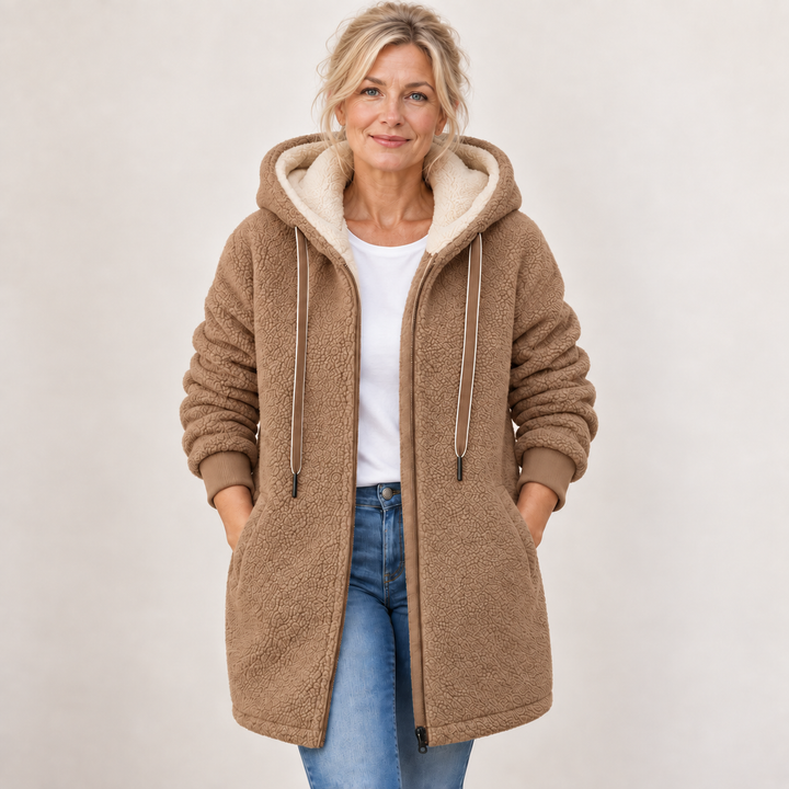 Henrietta hooded fleece jacket in camel brown with cream sherpa-lined hood