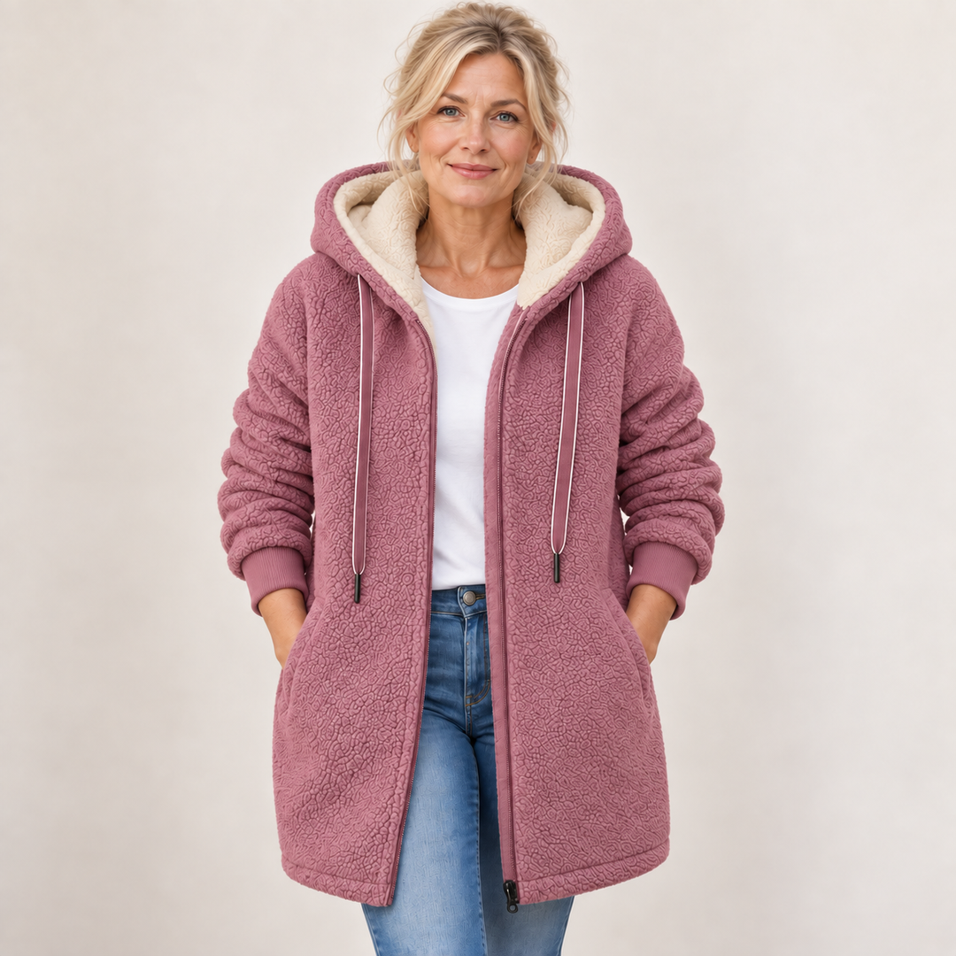 Henrietta hooded fleece jacket in dusky pink with cream sherpa-lined hood
