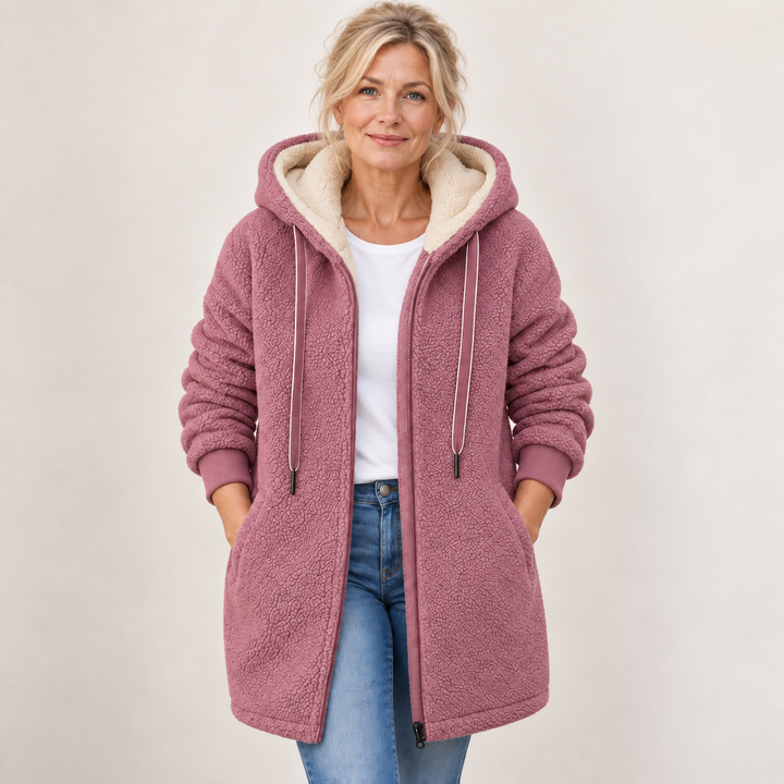 Henrietta hooded fleece jacket in dusky pink with cream sherpa-lined hood