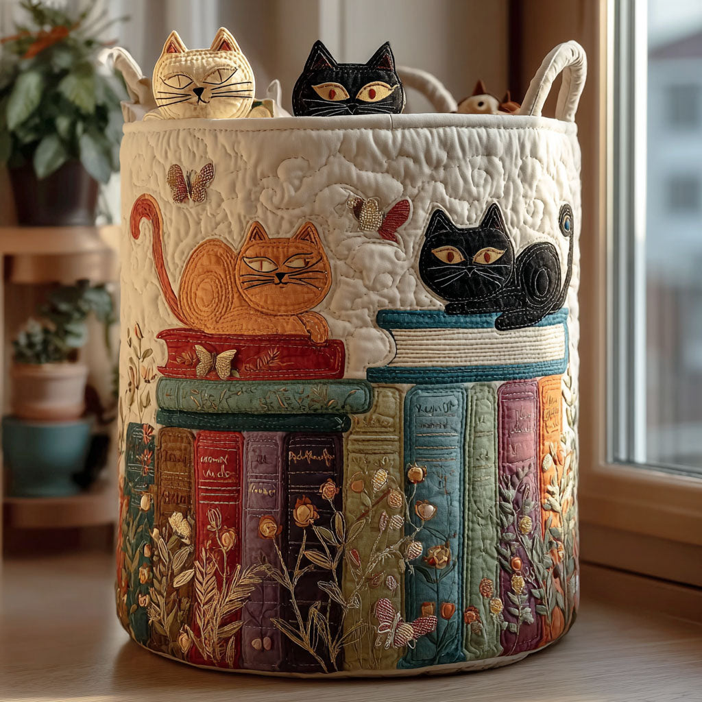 Bookworm Cats quilted laundry basket