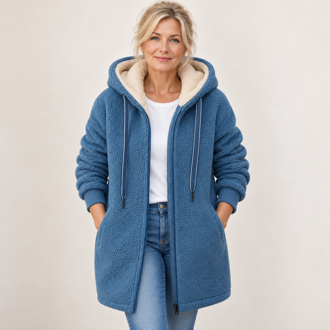 Henrietta hooded fleece jacket in blue with cream sherpa-lined hood