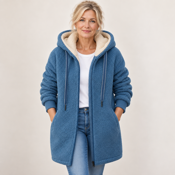 Henrietta hooded fleece jacket in blue with cream sherpa-lined hood