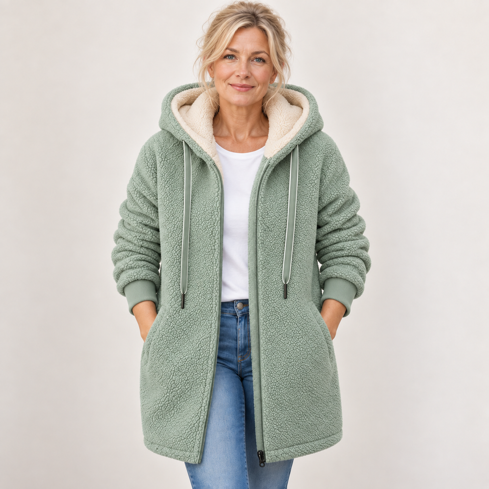 Henrietta hooded fleece jacket in sage green with cream sherpa-lined hood