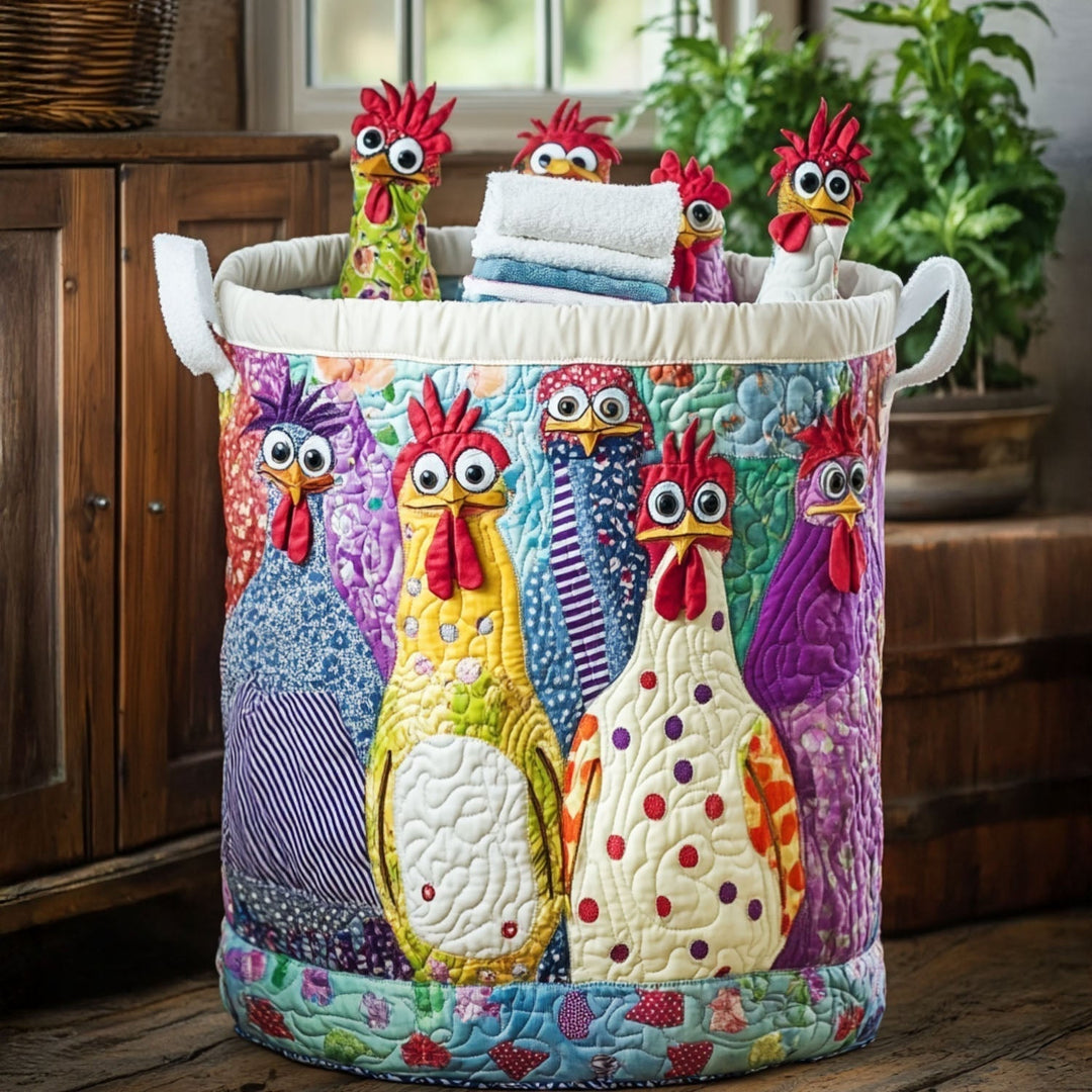 Folk Art Farmyard Hen quilted laundry basket