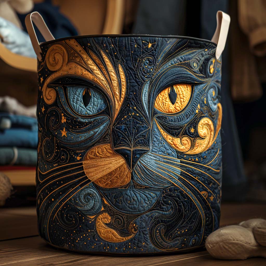 Midnight Stargazer Cat quilted laundry basket