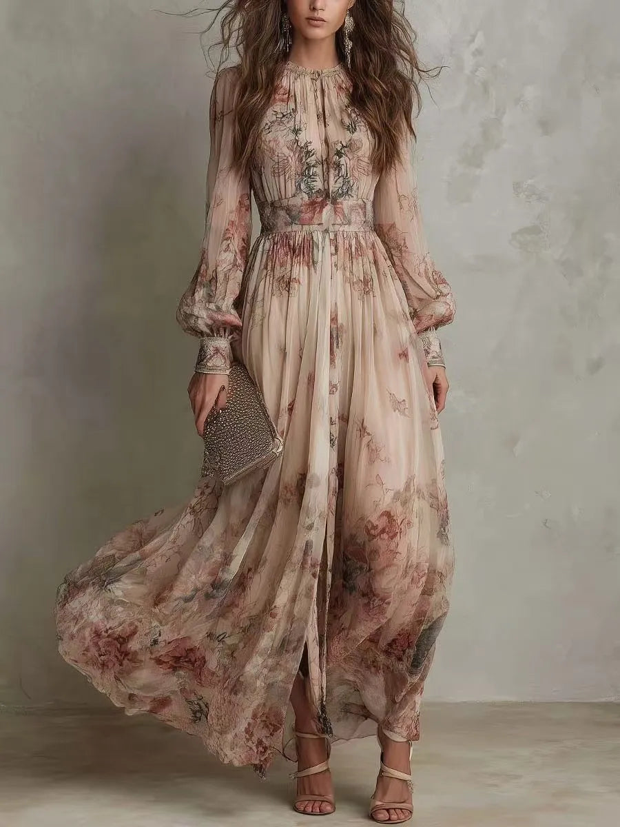 Rovies | Vintage Floral Pleated Maxi Dress