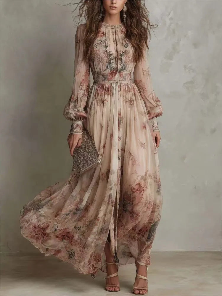 Rovies | Vintage Floral Pleated Maxi Dress