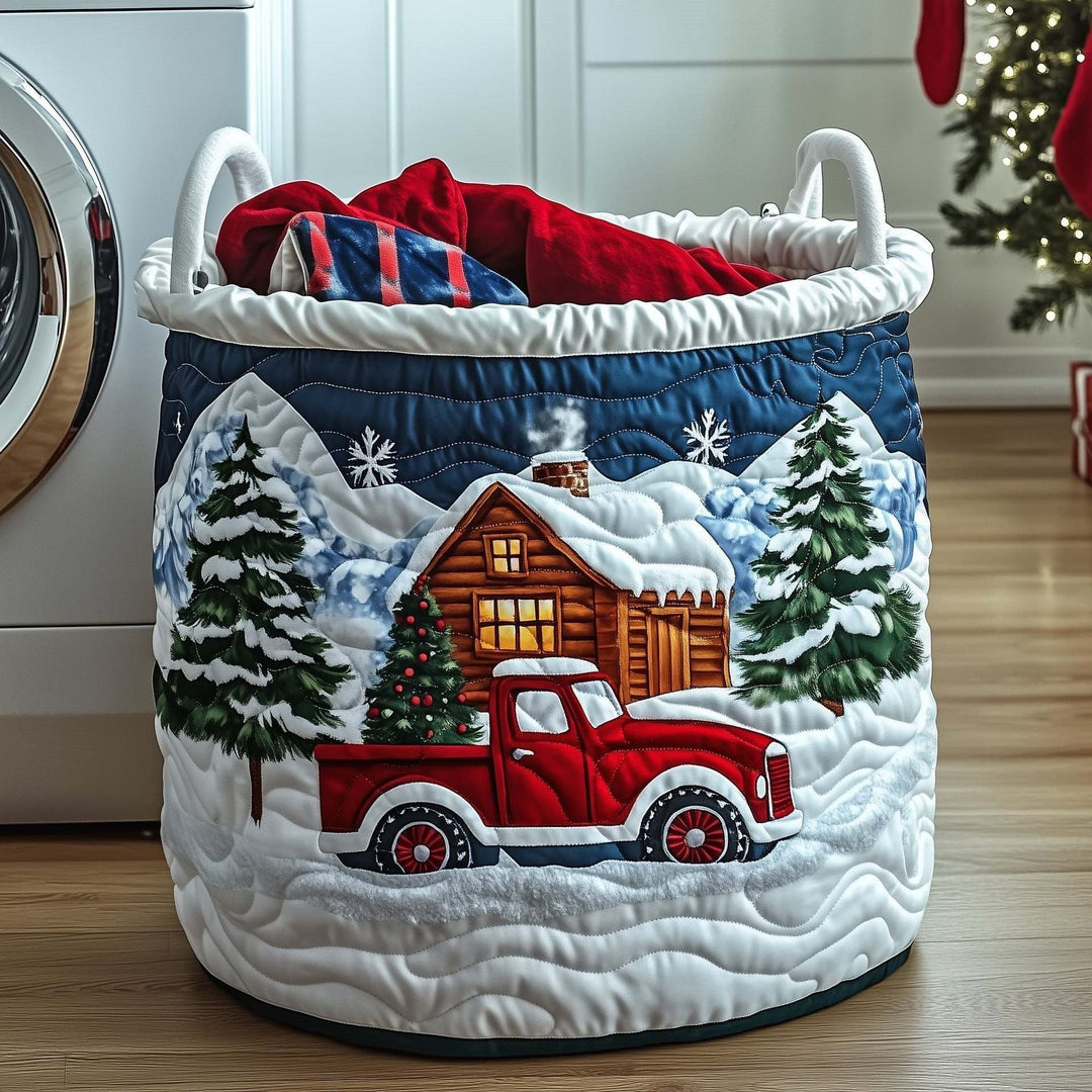 Snowy Peaks Christmas Truck quilted laundry basket