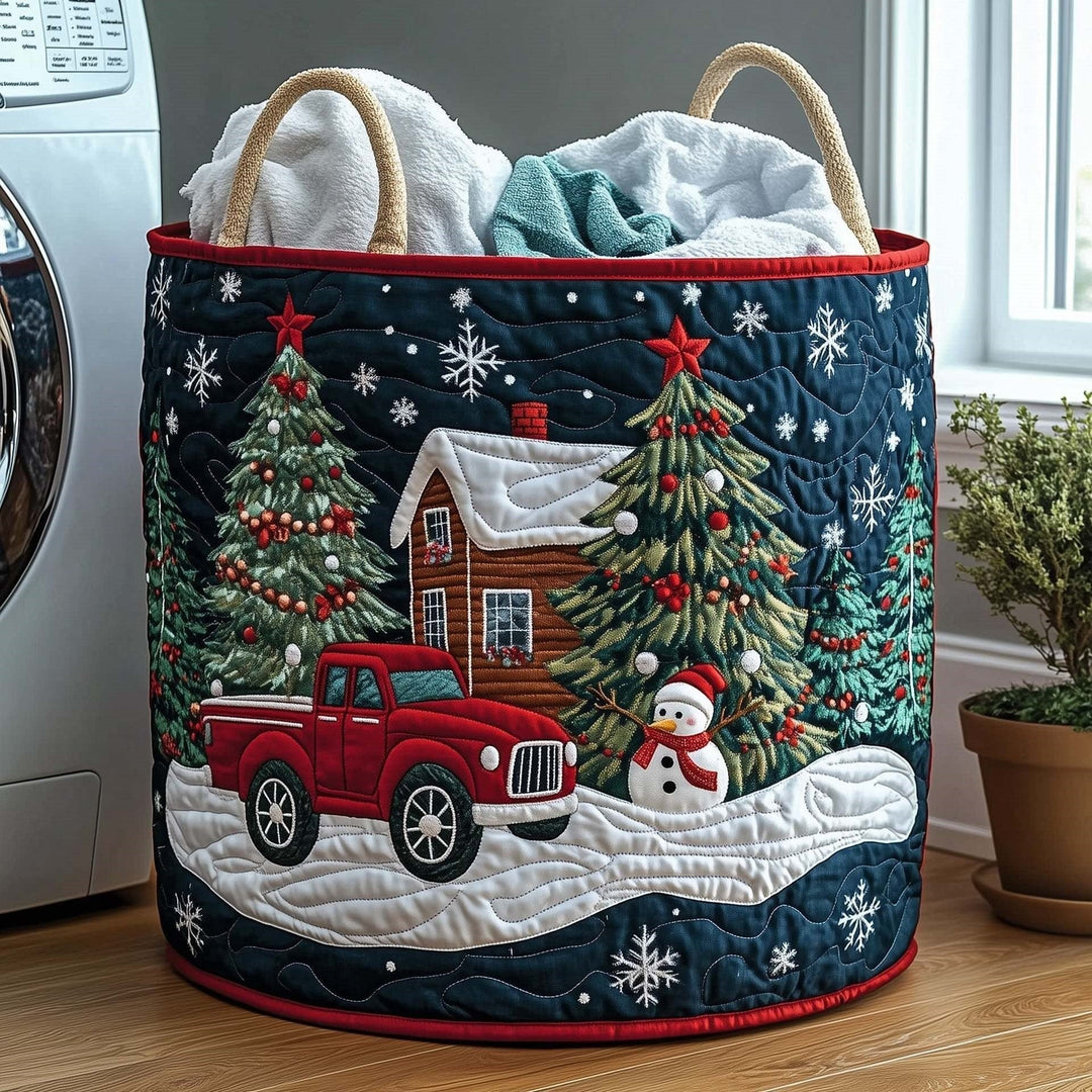 Festive Cabin Truck quilted laundry basket