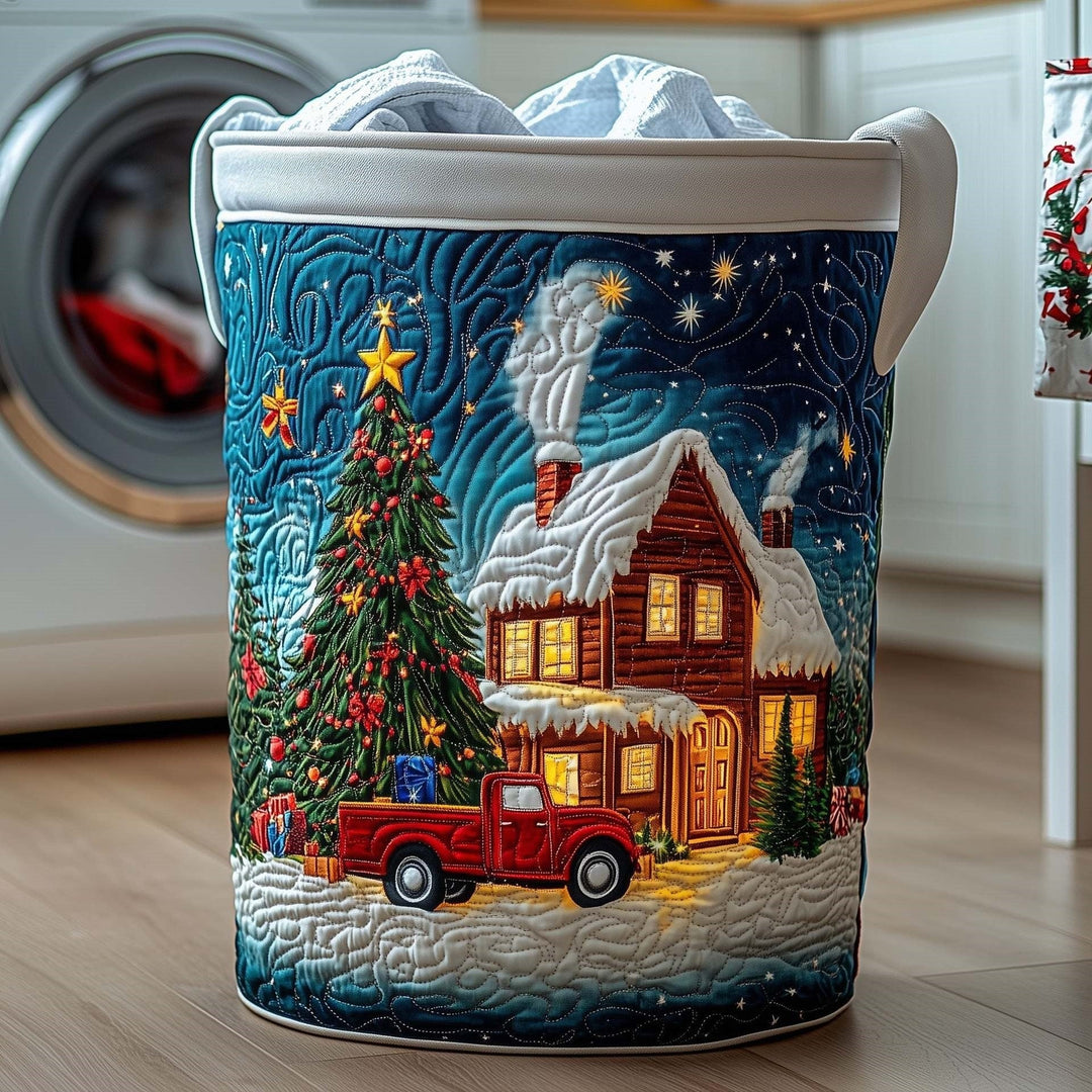 Candlelit Christmas Cottage quilted laundry basket