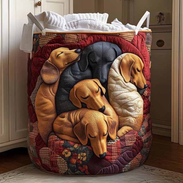 Sleepy Sausage Dog quilted laundry basket