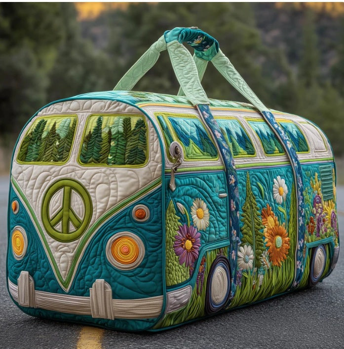 Tenby Aqua camper van quilted weekend bag with peace sign, trees and flowers