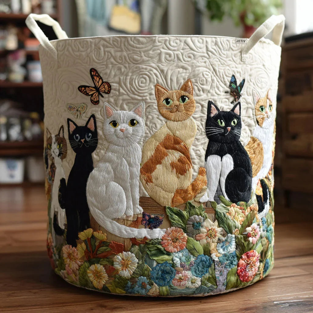 Cottage Garden Cats quilted laundry basket