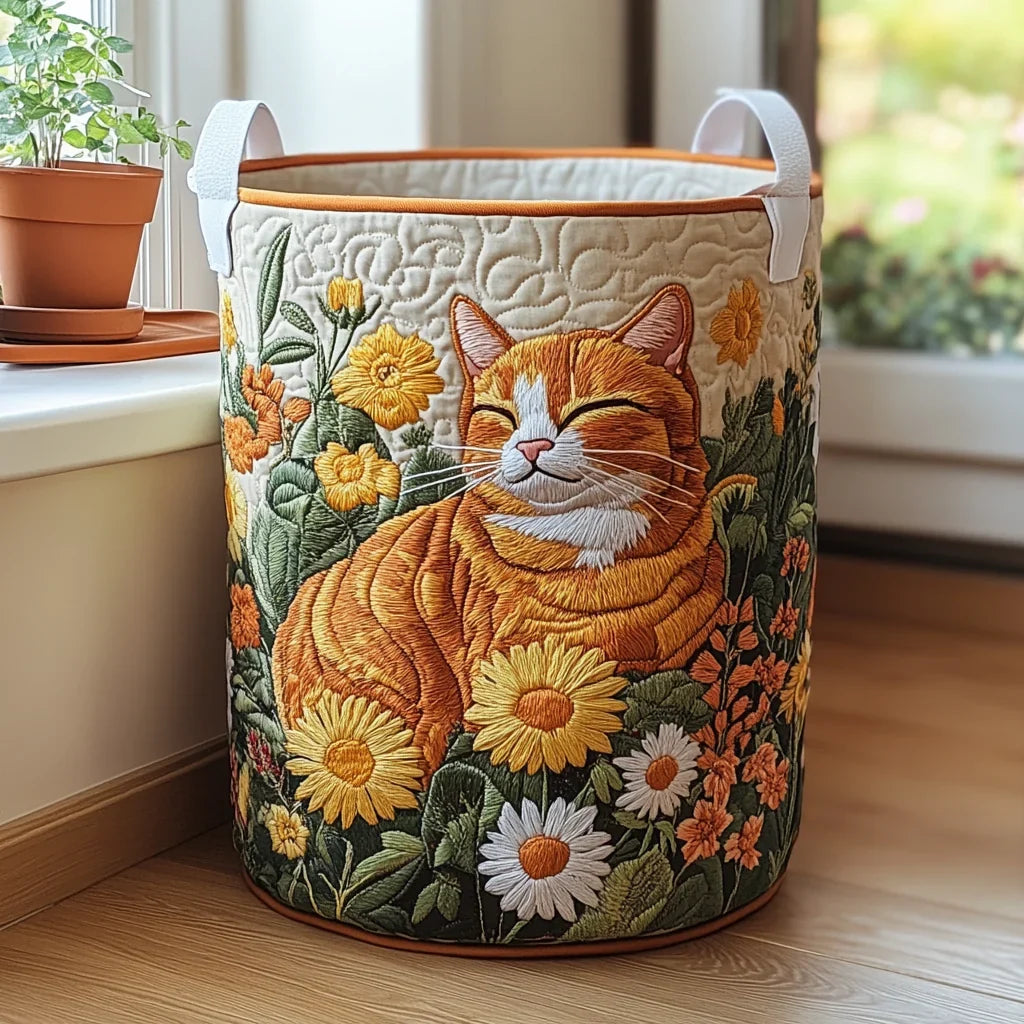 Ginger Cat & Daisies quilted laundry basket