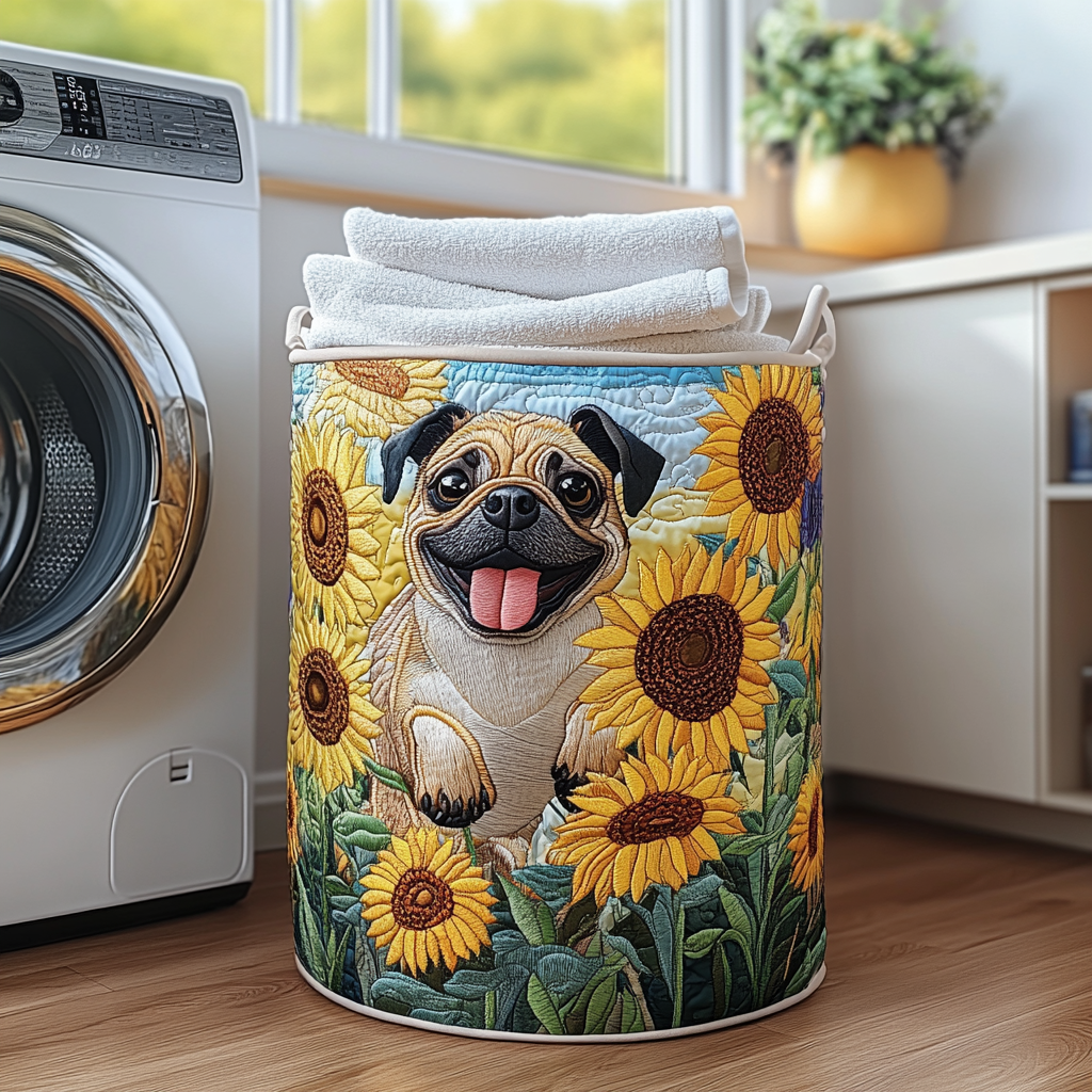 Cheerful Pug quilted laundry basket