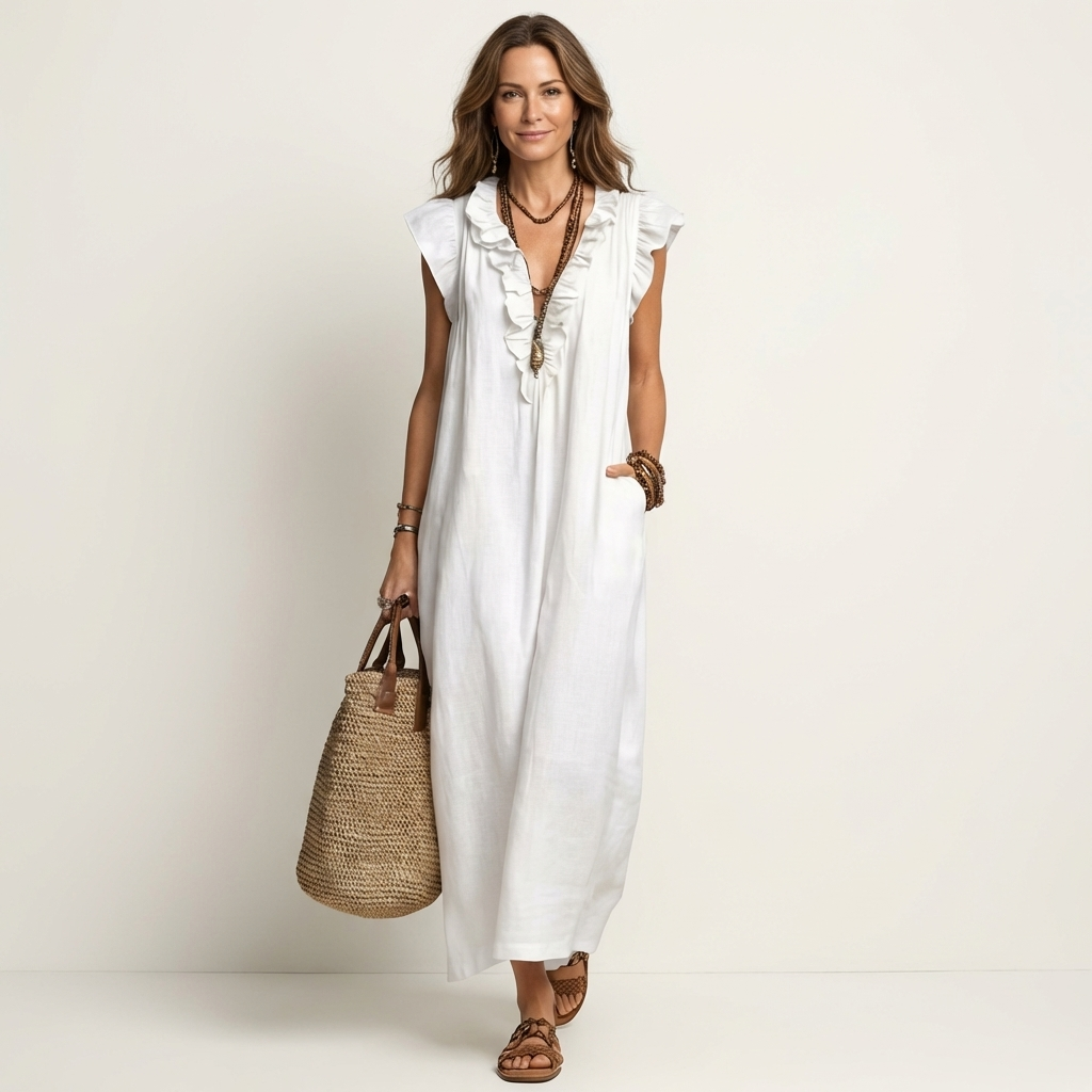 Gosette | Ruffle V-Neck Linen Maxi Dress