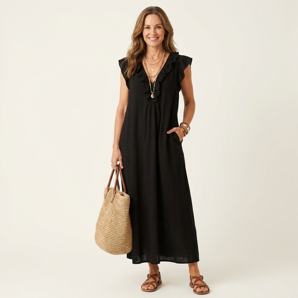 Gosette | Ruffle V-Neck Linen Maxi Dress
