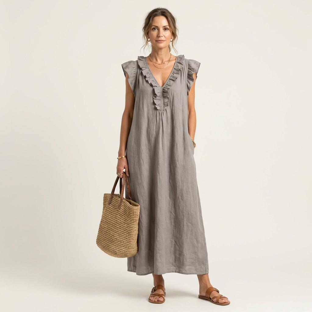 Gosette | Ruffle V-Neck Linen Maxi Dress
