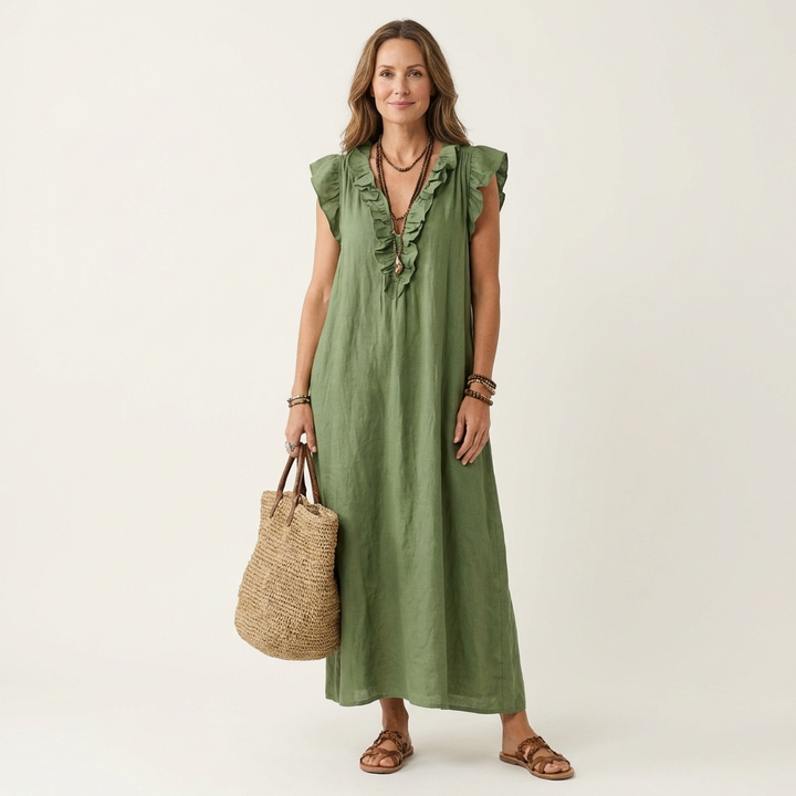 Gosette | Ruffle V-Neck Linen Maxi Dress