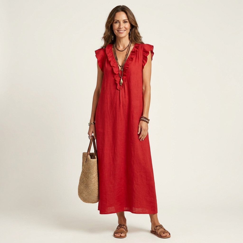 Gosette | Ruffle V-Neck Linen Maxi Dress