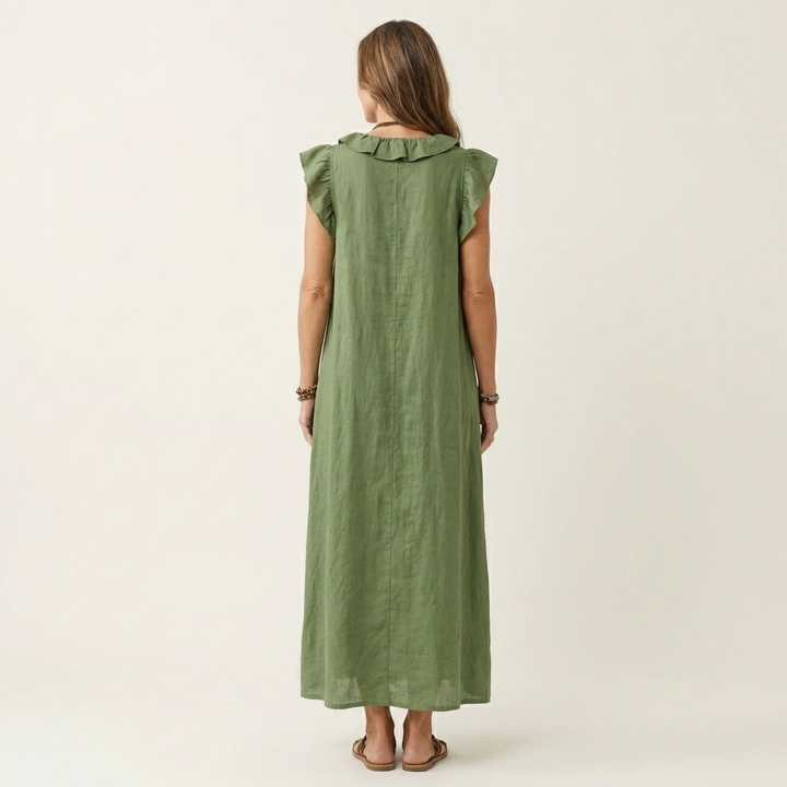 Gosette | Ruffle V-Neck Linen Maxi Dress