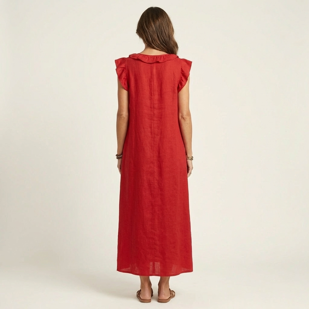 Gosette | Ruffle V-Neck Linen Maxi Dress