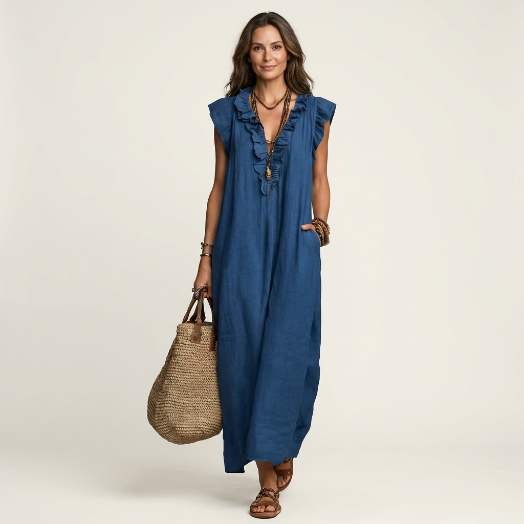 Gosette | Ruffle V-Neck Linen Maxi Dress