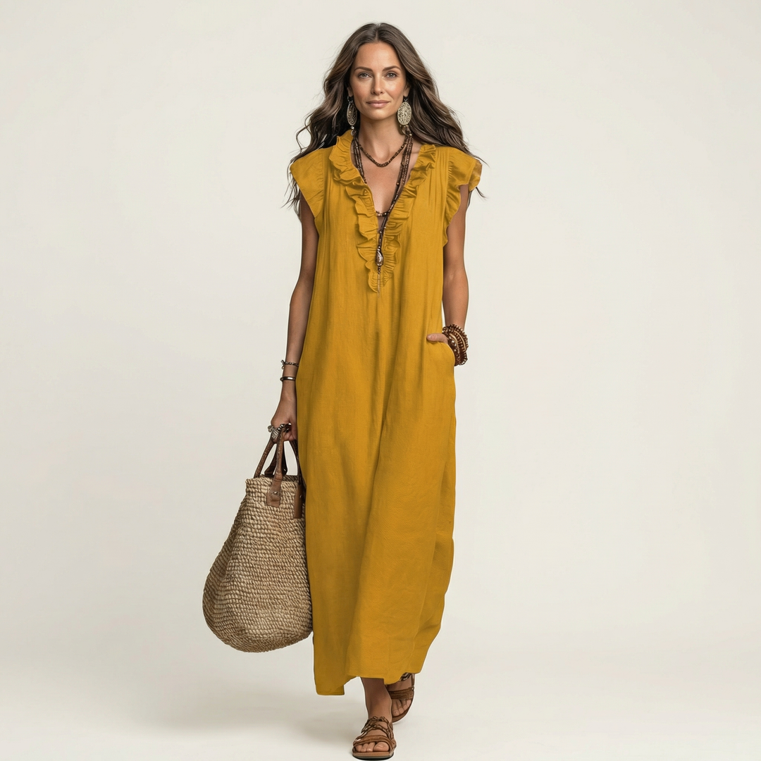 Gosette | Ruffle V-Neck Linen Maxi Dress