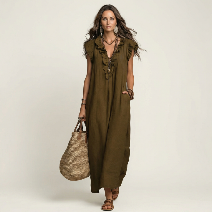 Gosette | Ruffle V-Neck Linen Maxi Dress