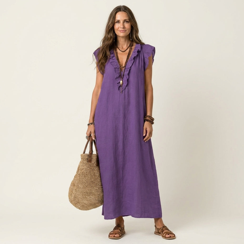 Gosette | Ruffle V-Neck Linen Maxi Dress