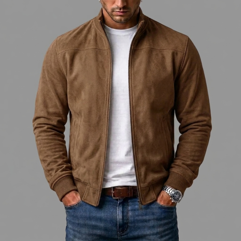 Man wearing the Harrison suede bomber jacket with ribbed trims