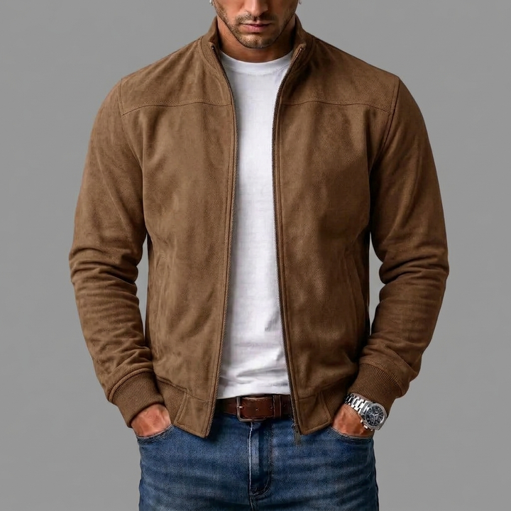 Man wearing the Harrison suede bomber jacket with ribbed trims
