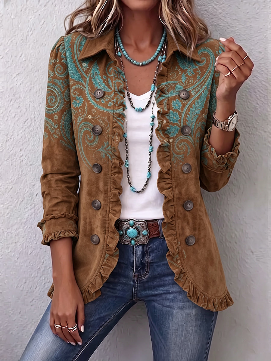 Georgia brown paisley print ruffle jacket with collared neckline