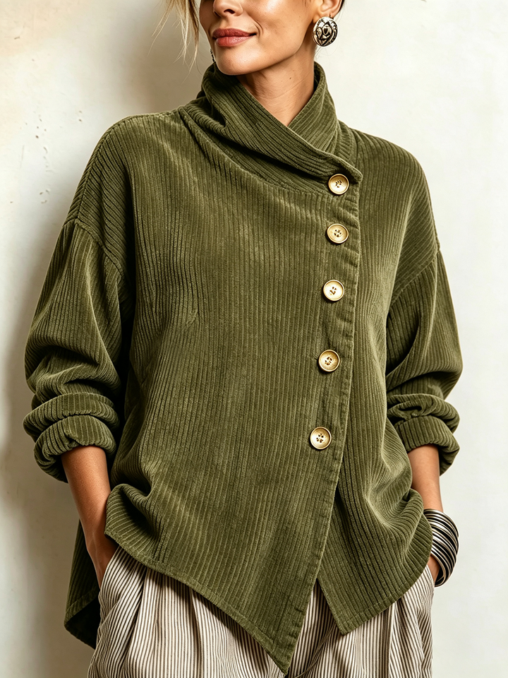 Odette olive green corduroy top with diagonal buttons