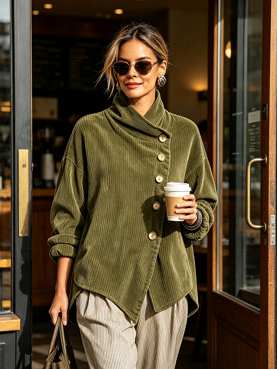 Odette olive green corduroy top styled with denim