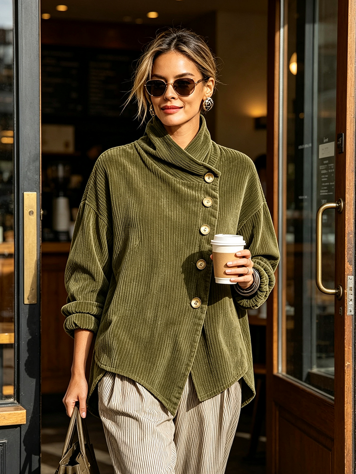 Odette olive green corduroy top styled with denim