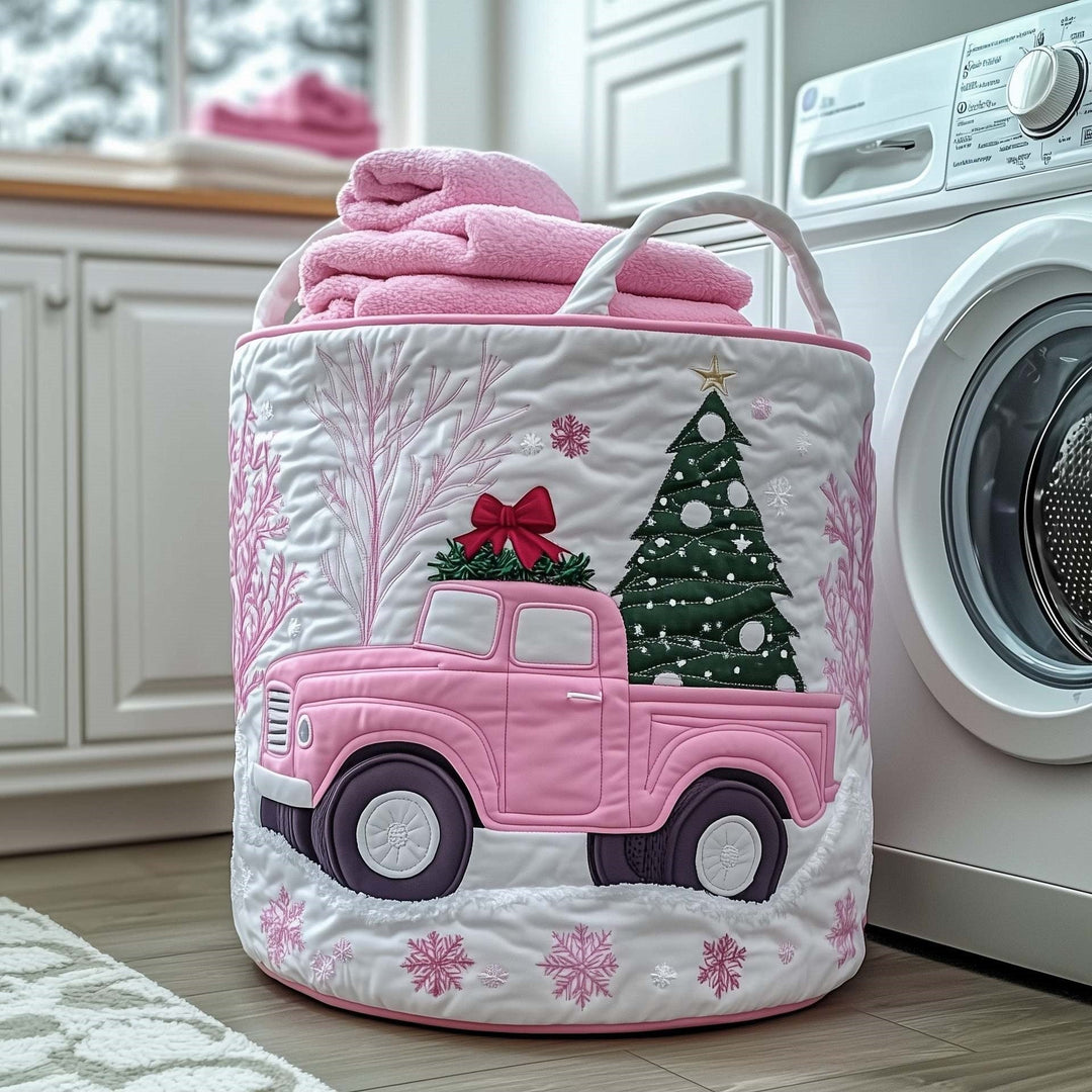 Blush Pink Christmas Truck quilted laundry basket
