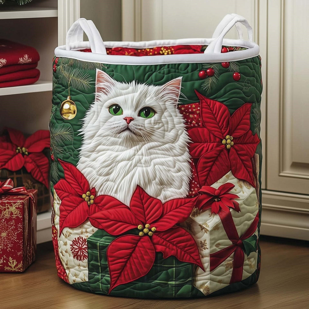 Winter Poinsettia Cat quilted laundry basket