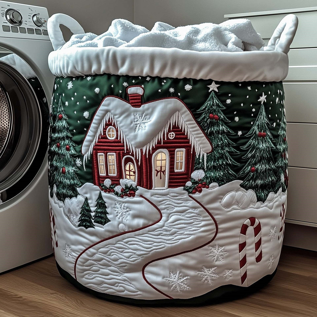 Evergreen Snow Cottage quilted laundry basket