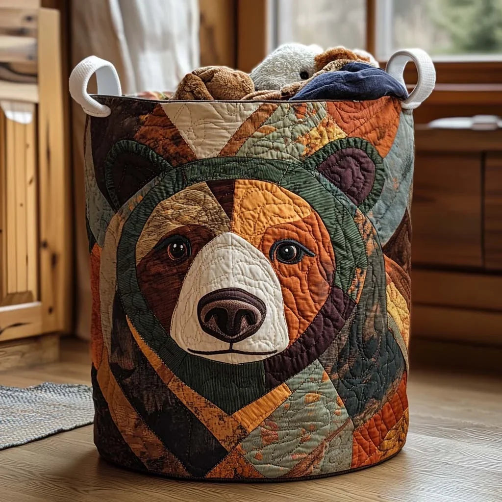 Patchwork Forest Bear quilted laundry basket